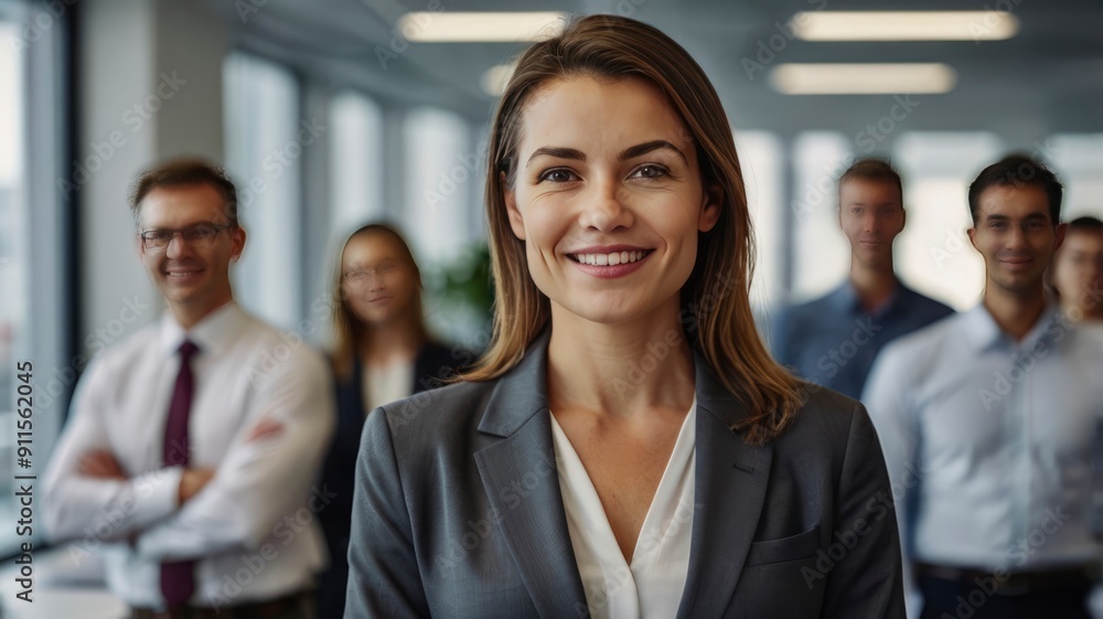 Portrait of a businesswoman standing in an office with her Blur colleagues in the background Portrait of a businesswoman standing in an office with her Blur colleagues in the background