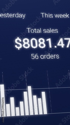 Bar or column chart showing the sales statistics of a company.Panel shows total sales for the month. Growing numbers.Shop Online Dashboard.Buy online or e-commerce board.Business infographic. Vertical