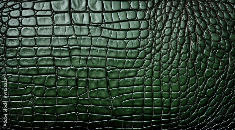 Close up of textures and patterns on dark green leather, crocodile skin, with unique scales and intricate details. Close up of textures and patterns on dark green leather, crocodile skin, with unique scales and intricate details.