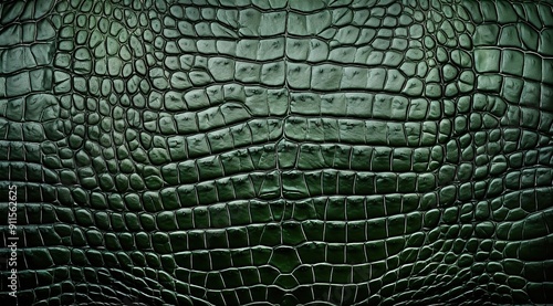 Close up of textures and patterns on dark green leather, crocodile skin, with unique scales and intricate details.