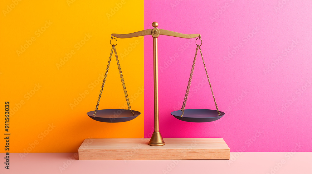 Golden Balance Scale on Wooden Base Against Colorful Orange and Pink Background Golden Balance Scale on Wooden Base Against Colorful Orange and Pink Background