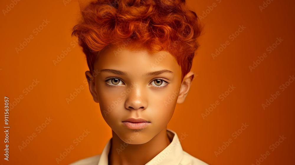 Portrait of a happy smiling Afro-American red-haired boy child with long hair and perfect skin, orange background, banner. Portrait of a happy smiling Afro-American red-haired boy child with long hair and perfect skin, orange background, banner.