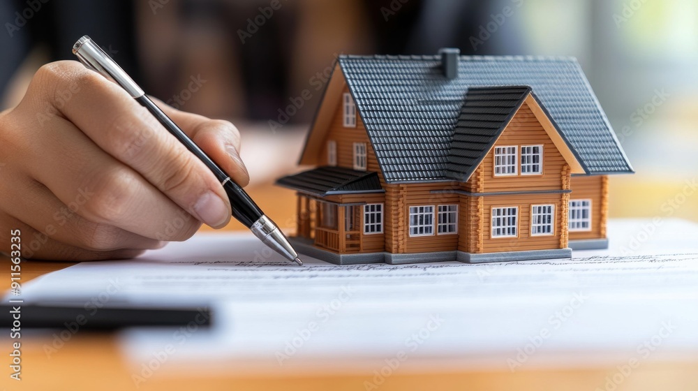 Fototapeta premium Hand Signing Contract, Securing New Home and Asset