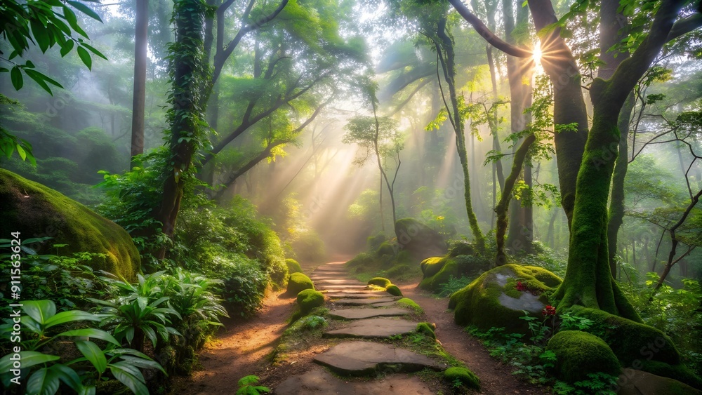 A Serene Path Through the Rain-Kissed Jungle of Chiang Mai AI generated A Serene Path Through the Rain-Kissed Jungle of Chiang Mai AI generated