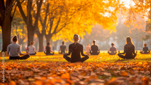 Group of Individuals Meditating in Peaceful Park Surrounded by Colorful Autumn Leaves During Late Afternoon photo