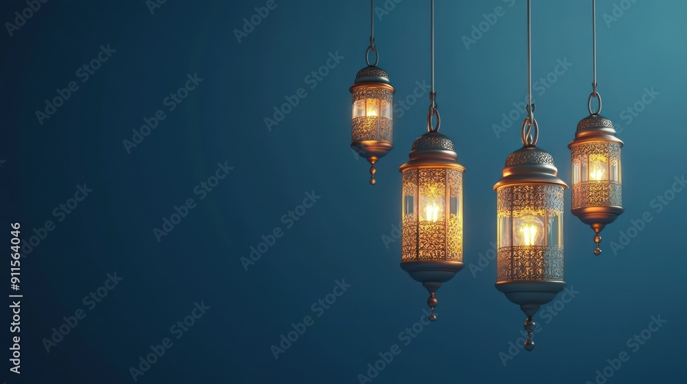 Glowing Lanterns Against Blue Background Glowing Lanterns Against Blue Background