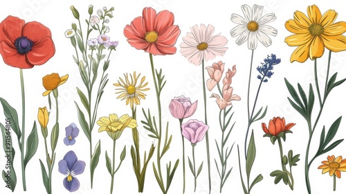 A seamless pattern of hand-drawn wildflowers