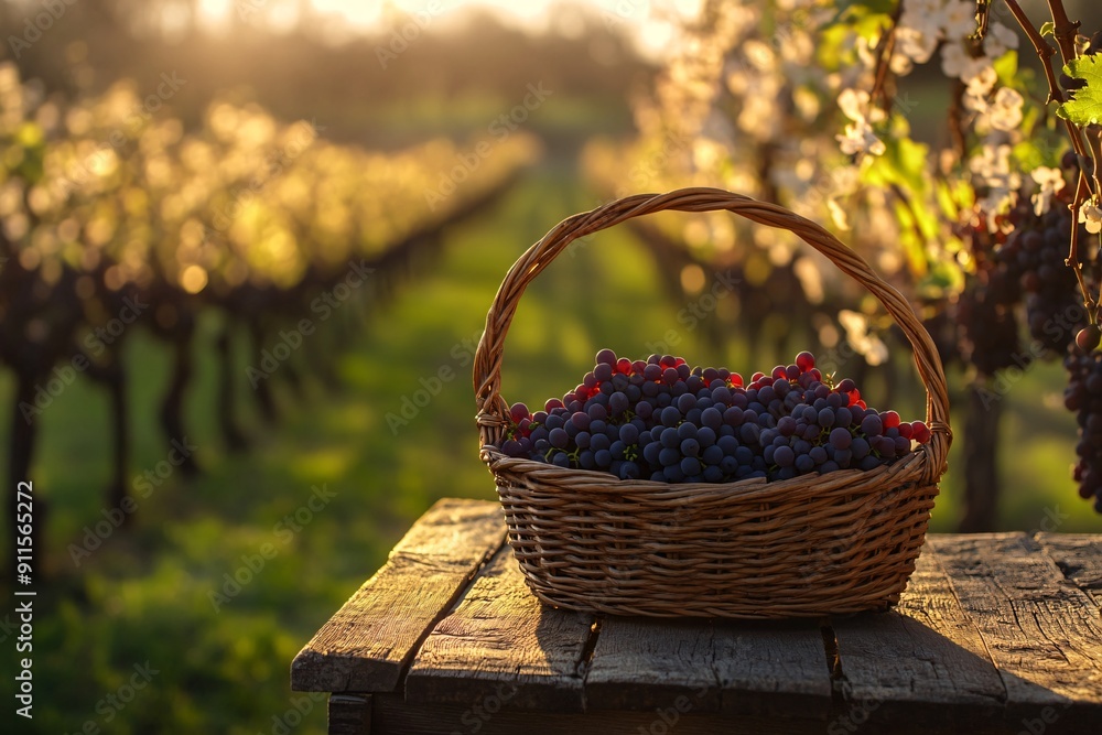 Grapes in a Basket on a Wooden Table in a Vineyard at Sunset Grapes in a Basket on a Wooden Table in a Vineyard at Sunset