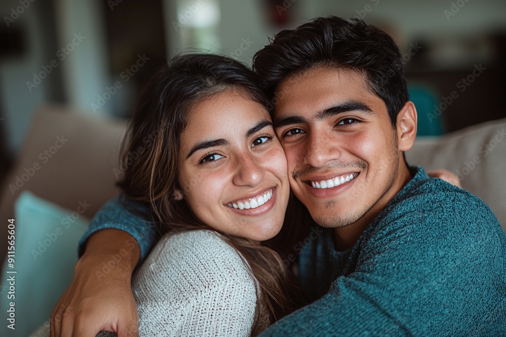 Young Hispanic Couple Sharing a Joyful Moment on a Sofa at Home in a Minimalist Cinematic Style. Young Hispanic Couple Sharing a Joyful Moment on a Sofa at Home in a Minimalist Cinematic Style.