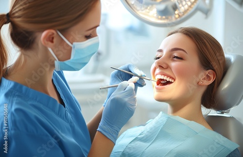 Dentist in Blue Uniform Performing Dental Checkup on Smiling Woman Patient in Clinic Setting.