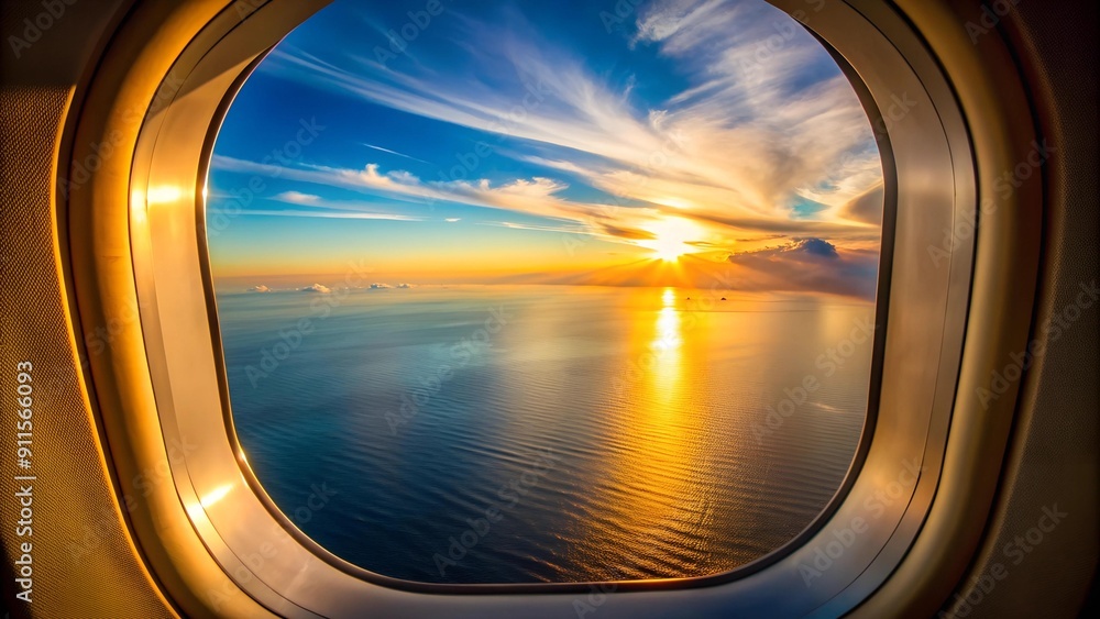 Golden Hues Across the Endless Blue: A Sunset View from an Airplane Window AI Generated Golden Hues Across the Endless Blue: A Sunset View from an Airplane Window AI Generated