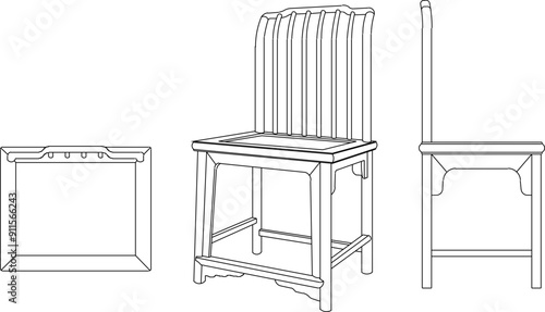 Vector sketch illustration silhouette design detail of Chinese furniture old wooden table chair classic vintage ethnic traditional full of ornaments