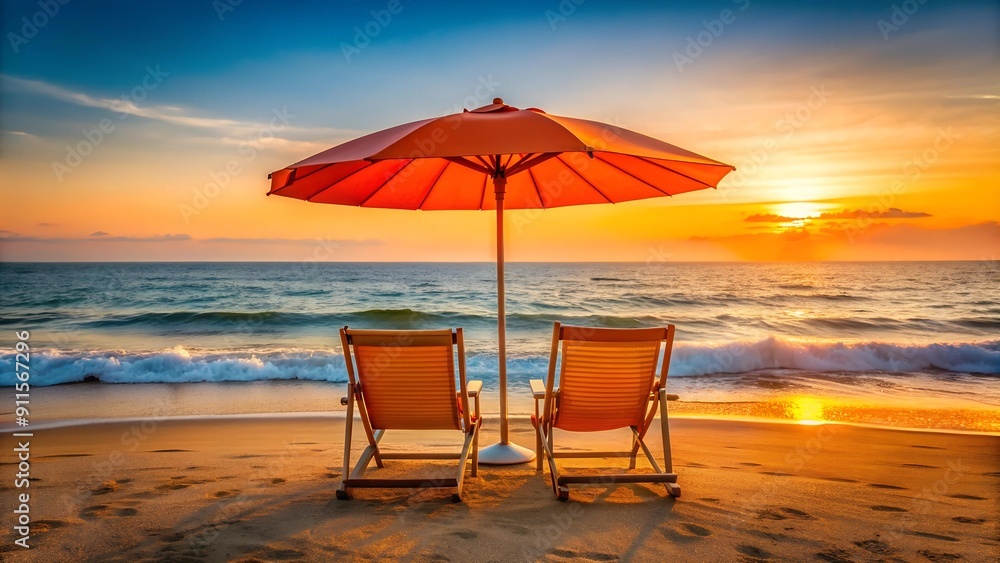 Golden Hour Serenity: Two Chairs Under an Orange Umbrella on a Tranquil Beach generative AI Golden Hour Serenity: Two Chairs Under an Orange Umbrella on a Tranquil Beach generative AI