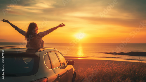 woman by car watching sunset on summer vacation or holiday in Italy,  Travel, beach and back of person by sea