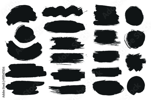Black ink stains mega set elements in flat graphic design. Bundle objects of rough brush stroke patterns and dirty paint blobs with grunge edges in different abstract forms. Vector illustration.