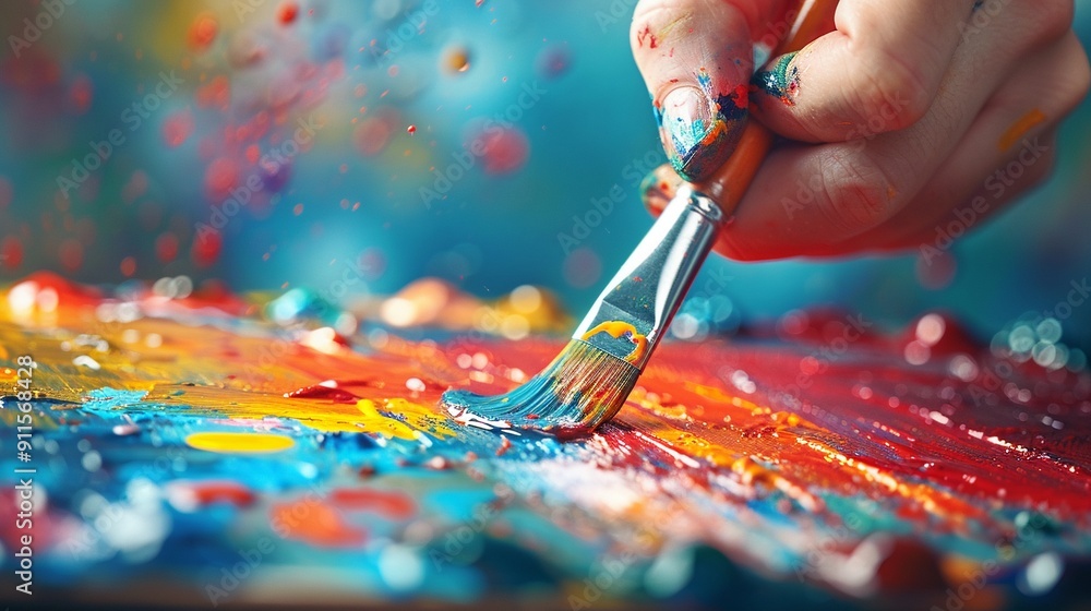 Obraz premium A closeup of an artists hand holding a fine paintbrush, delicately applying oil paint to a canvas, capturing texture and precision, photorealistic, studio lighting, highdefinition 8K , high-resolution