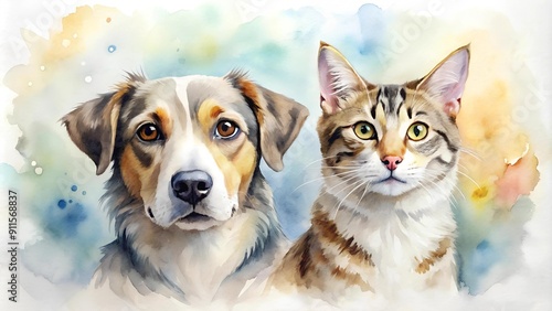 A Tail of Two Friends: A Watercolor Painting of a Dog and Cat Gazing at the Camera Generative AI