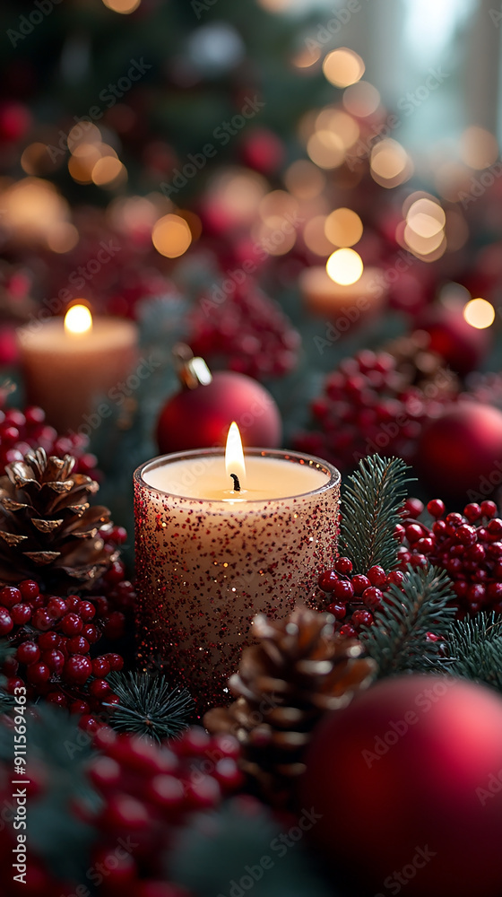wide landscape Xmas wallpaper photo with red and gold color candles and Christmas balls wide landscape Xmas wallpaper photo with red and gold color candles and Christmas balls