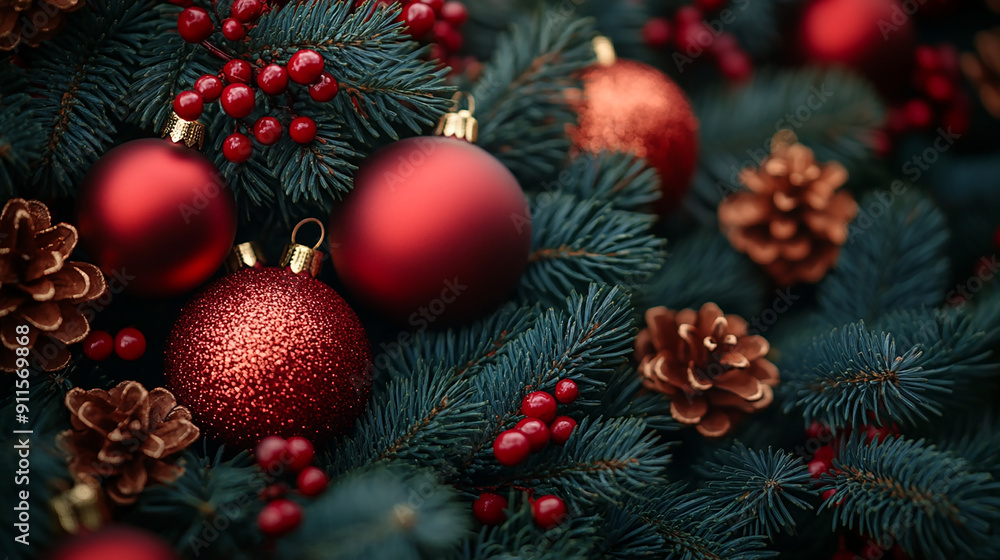 Wide panoramic Xmas décor background banner, gold and red color Christmas balls hanging on a Christmas tree Wide panoramic Xmas décor background banner, gold and red color Christmas balls hanging on a Christmas tree