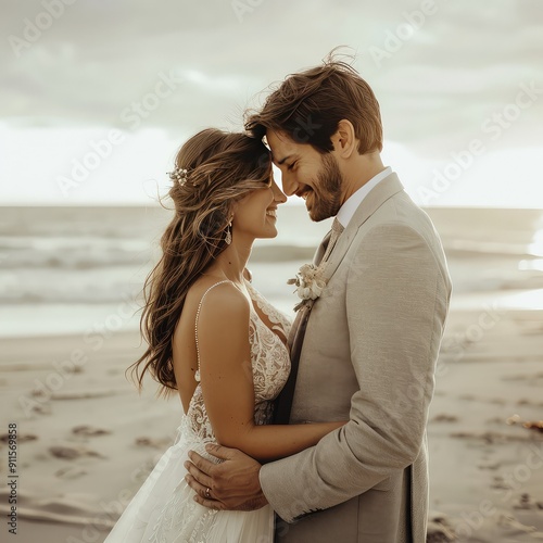 Romantic couple embracing on a beach at sunset, dressed in wedding attire. Perfect for wedding, love, and romantic-themed projects.