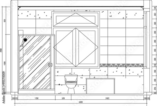 Vector sketch illustration of the silhouette of a detailed interior design of a bathroom plan with detailed measurements