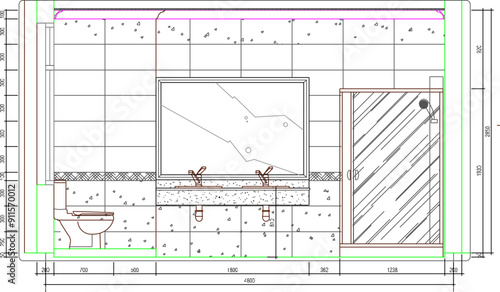 Vector sketch illustration of the silhouette of a detailed interior design of a bathroom plan with detailed measurements 
