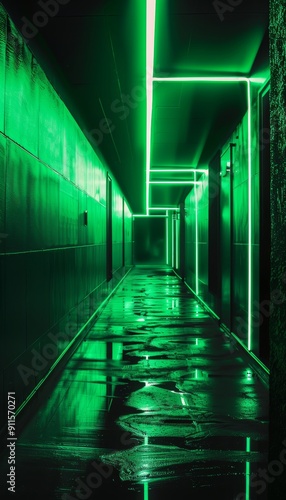 Atmospheric corridor with vibrant green neon lights, reflective wet floor, realistic aesthetic