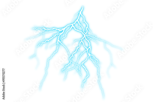 Real blue lightning isolated on transparent background. PNG element
