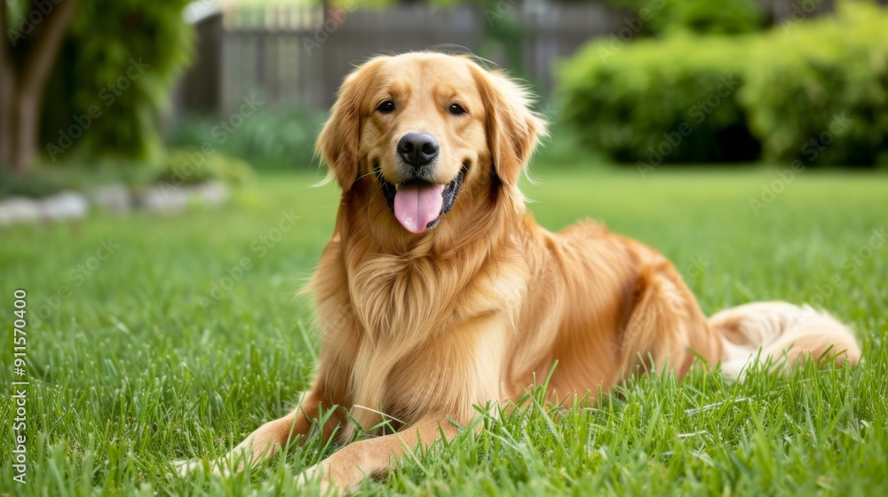 Cheerful Golden Retriever sitting or playing on a green lawn Cheerful Golden Retriever sitting or playing on a green lawn