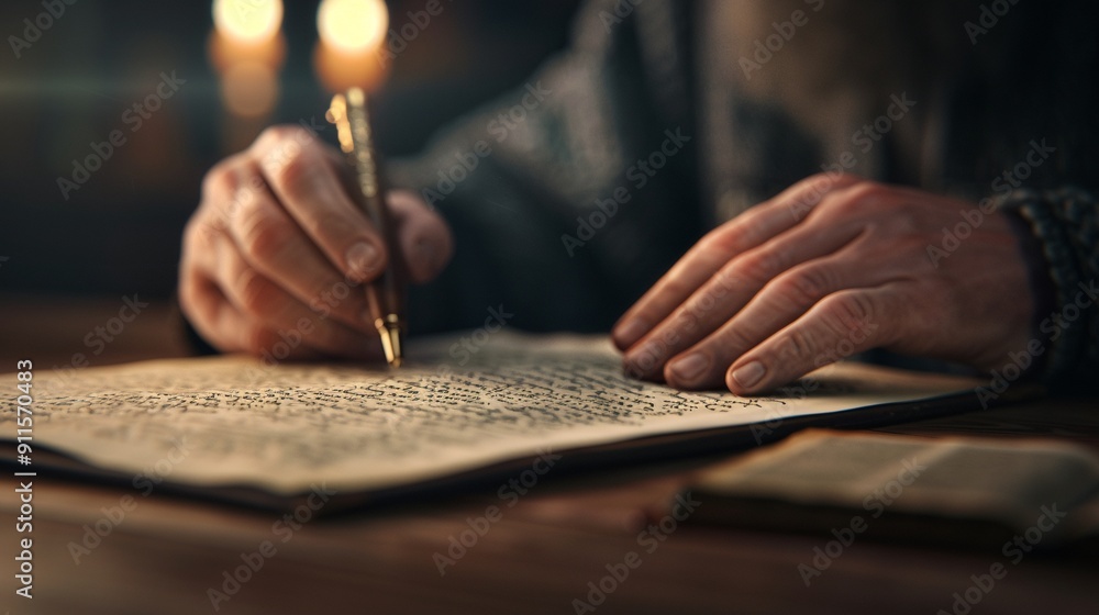 Obraz premium A detailed view of a scholar reading a timeless script in an antique study, aged parchment, warm ambient light, photorealistic, high detail, canonical text