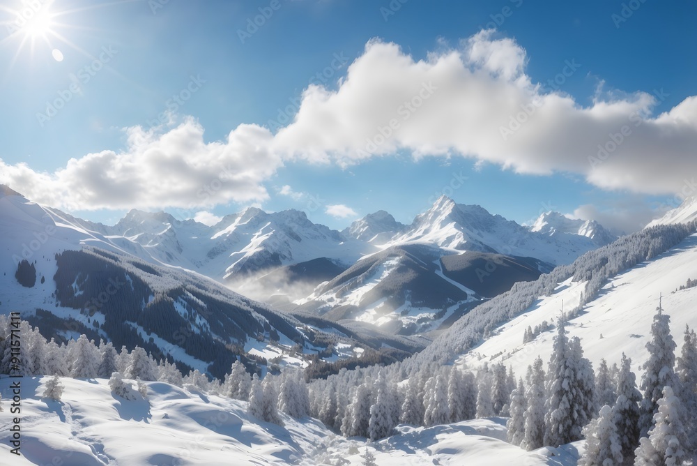 View of a snowy mountain landscape in the sunlight, Damuls Vorarlberg Austria
