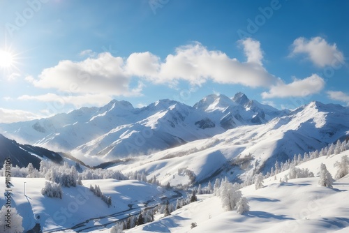 View of a snowy mountain landscape in the sunlight, Damuls Vorarlberg Austria
 photo