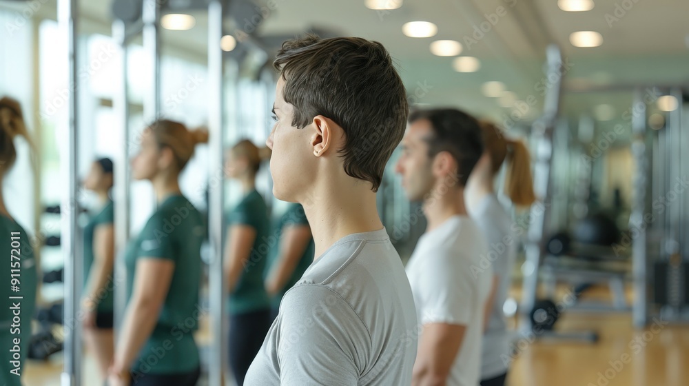 Detailed instructional plan for weight balance and reduction, participants following structured exercises, clean and professional gym Detailed instructional plan for weight balance and reduction, participants following structured exercises, clean and professional gym