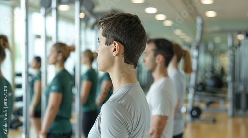 Detailed instructional plan for weight balance and reduction, participants following structured exercises, clean and professional gym photo