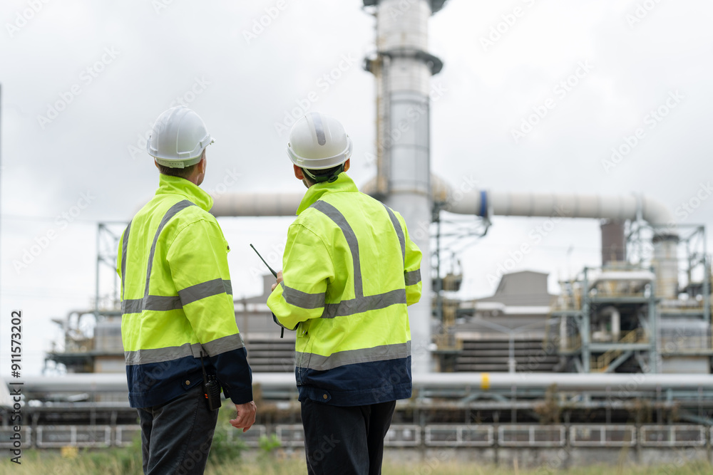 Two male petrochemical engineers with walkie-talkie working and discussing inspection and maintenance plans for pipelines for oil and gas at petroleum refinery, power plant energy industry. Two male petrochemical engineers with walkie-talkie working and discussing inspection and maintenance plans for pipelines for oil and gas at petroleum refinery, power plant energy industry.