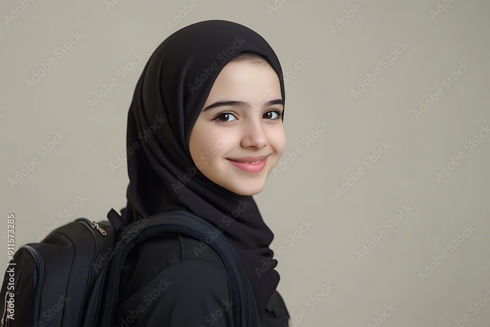 Portrait Of Smiling Arab Hijab Schoolgirl With Backpack Portrait Of Smiling Arab Hijab Schoolgirl With Backpack