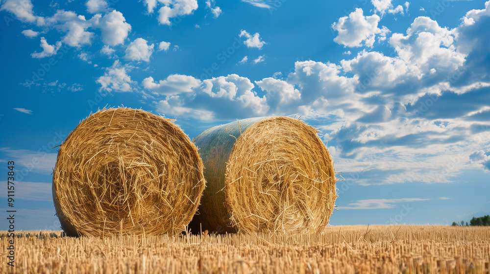 Two big bales of hay under bright blue sky with clouds. Autumn and harvest concept. Two big bales of hay under bright blue sky with clouds. Autumn and harvest concept.