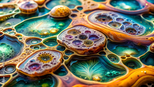 Thick resin slowly spreads out, forming intricate shapes. Abstract background. Futuristic, sci-fi