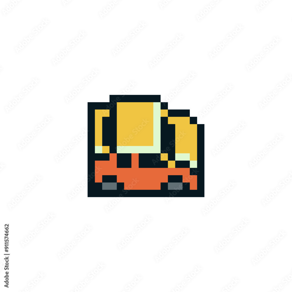 Cute car yellow icon. Retro pixel art style. 8-bit. Game assets. Isolated abstract vector illustration. Cute car yellow icon. Retro pixel art style. 8-bit. Game assets. Isolated abstract vector illustration.
