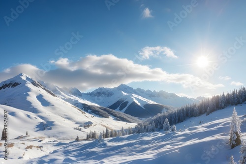 View of a snowy mountain landscape in the sunlight, Damuls Vorarlberg Austria
 photo