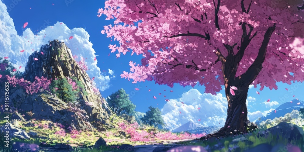 Spring's Awakening: A High-Detail Hand-Drawn Illustration of Earth Stirring in a Season of Growth, Embracing the Season's Magic with Buds and Blossoms in Anime Style. Spring's Awakening: A High-Detail Hand-Drawn Illustration of Earth Stirring in a Season of Growth, Embracing the Season's Magic with Buds and Blossoms in Anime Style.