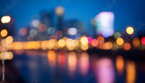 Blurred Night City Lights. Abstract Defocused Urban Street Scene with Warm and Cool Bokeh, Vibrant Colors, and Soft Gradient of Evening Sky Background, Perfect for Modern Digital Art Design Conceps photo