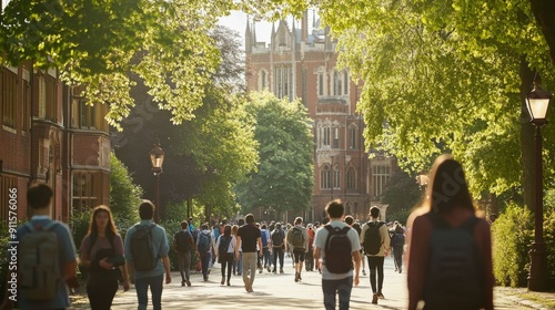 A bustling university campus with students walking to and from classes, engaging in conversations, carrying books and backpacks, a mix of modern and historic buildings, greenery and open spaces, photo