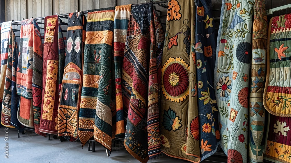 A community quilt display featuring handmade patchwork blankets with Thanksgiving-themed designs and stories. A community quilt display featuring handmade patchwork blankets with Thanksgiving-themed designs and stories.