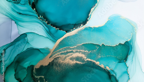 Abstract Background Turquoise and Gold Fluid Art. Ethereal Oceanic Waves and Subtle Metallic Accents. Banner With Copy Space