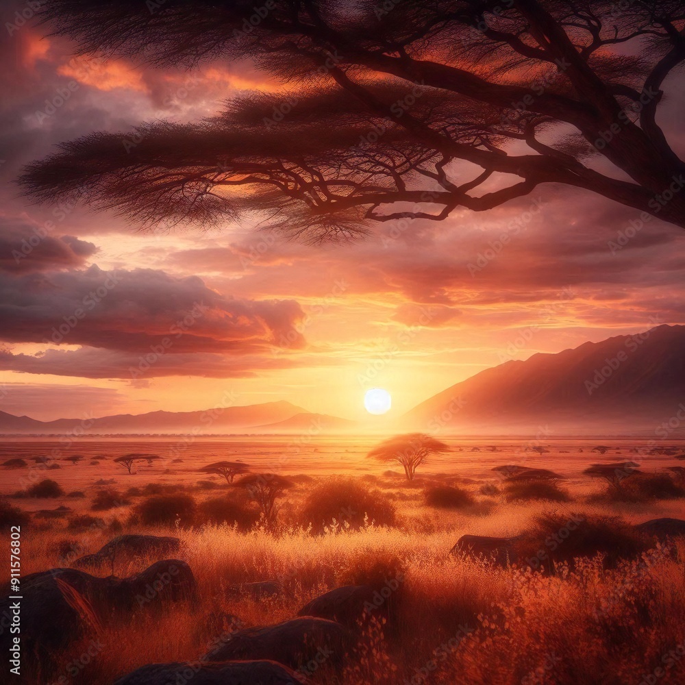 Obraz premium A sunset with a tree and mountains in the background.