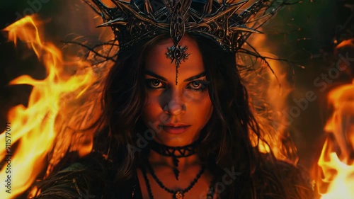 A captivating sorceress stands boldly amidst intense flames, radiating power and magic in a twilight forest setting