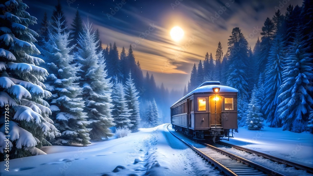 A Single Train Car Cutting Through a Silent, Snowy Landscape generative AI A Single Train Car Cutting Through a Silent, Snowy Landscape generative AI