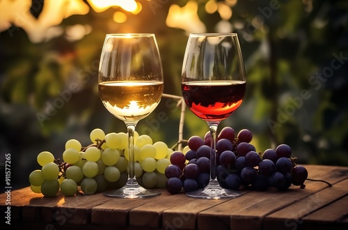 Wallpaper Mural A photo of two glasses filled with red and white wine, standing on an old wooden table in front of a garden background.  Torontodigital.ca