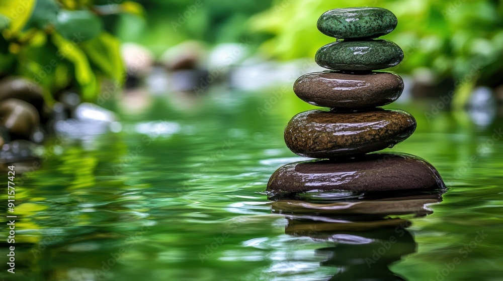 Tranquil balance stones in serene water setting Tranquil balance stones in serene water setting